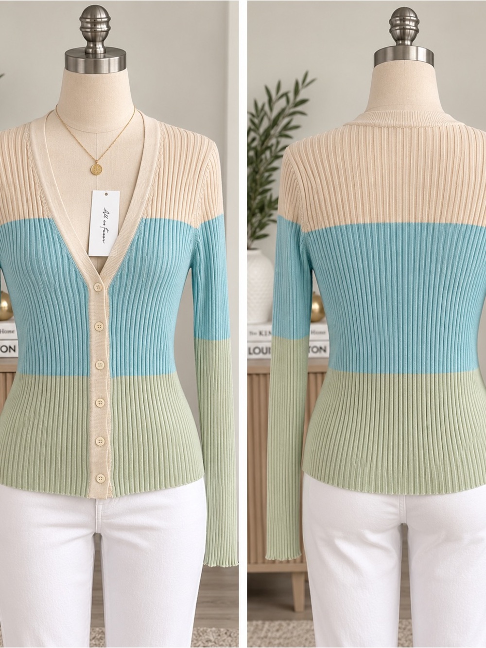 NWT All in Favor Colorblock Ribbed Cardigan Cream Blue Green
